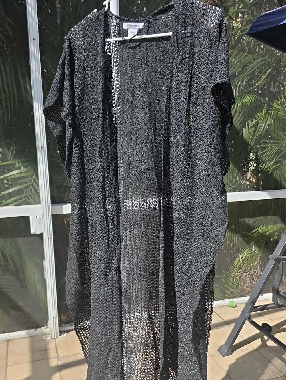 STEVE MADDEN Black Open-Weave Long Swim Cover Up Duster One Size